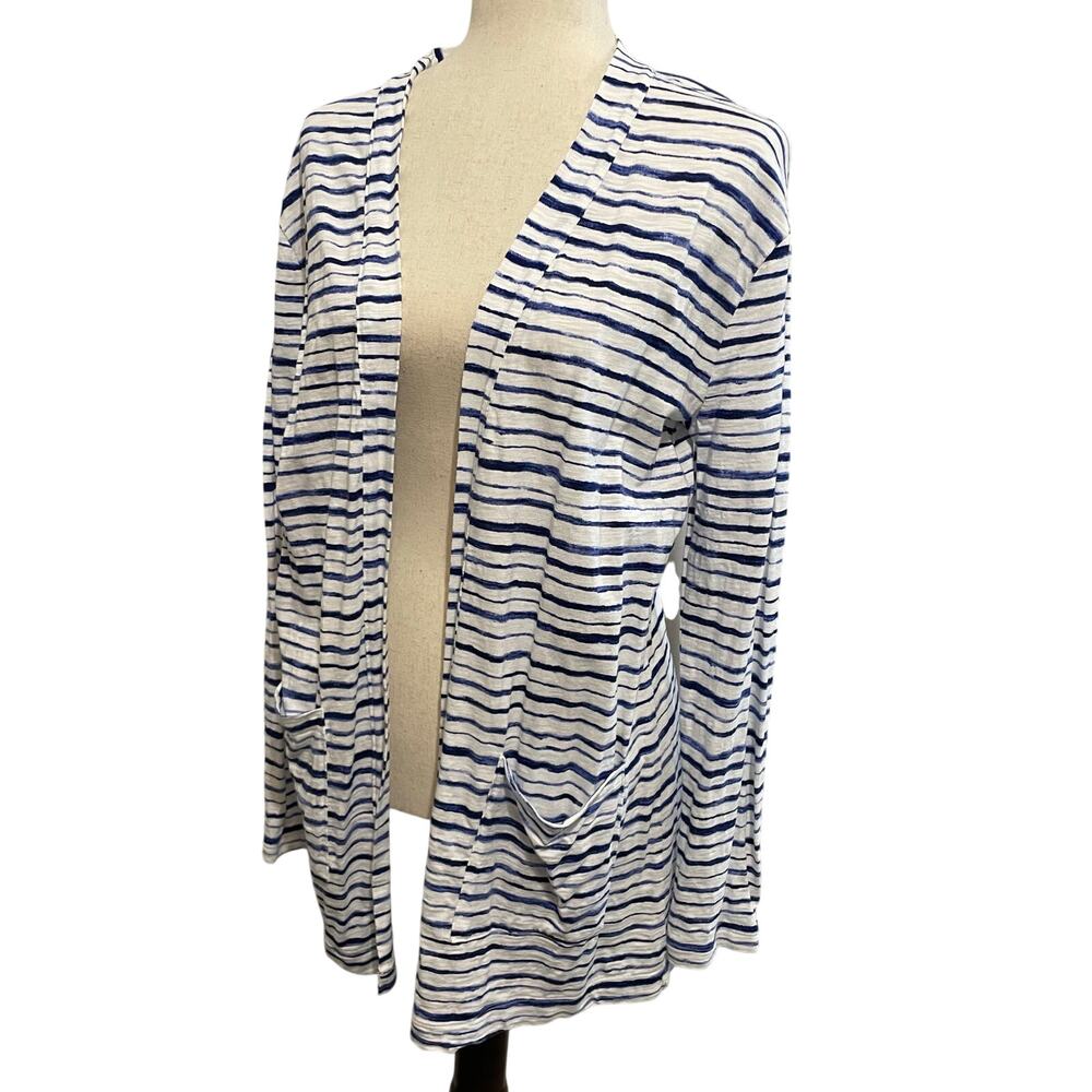 Cielo Open Front Striped Cardigan Women’s Small Navy White Pockets Cotton Modal
